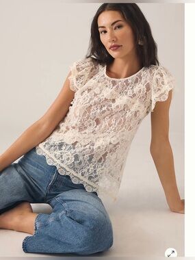 Anthropology white/off white Lace Flutter Sleeve Top - size M